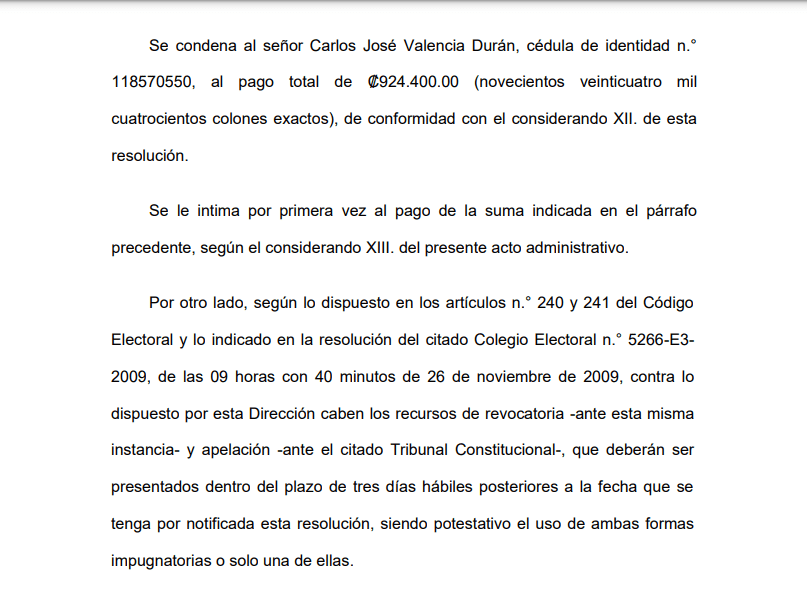 Imagen de la sentencia con la multa contra Acontecer.co.cr