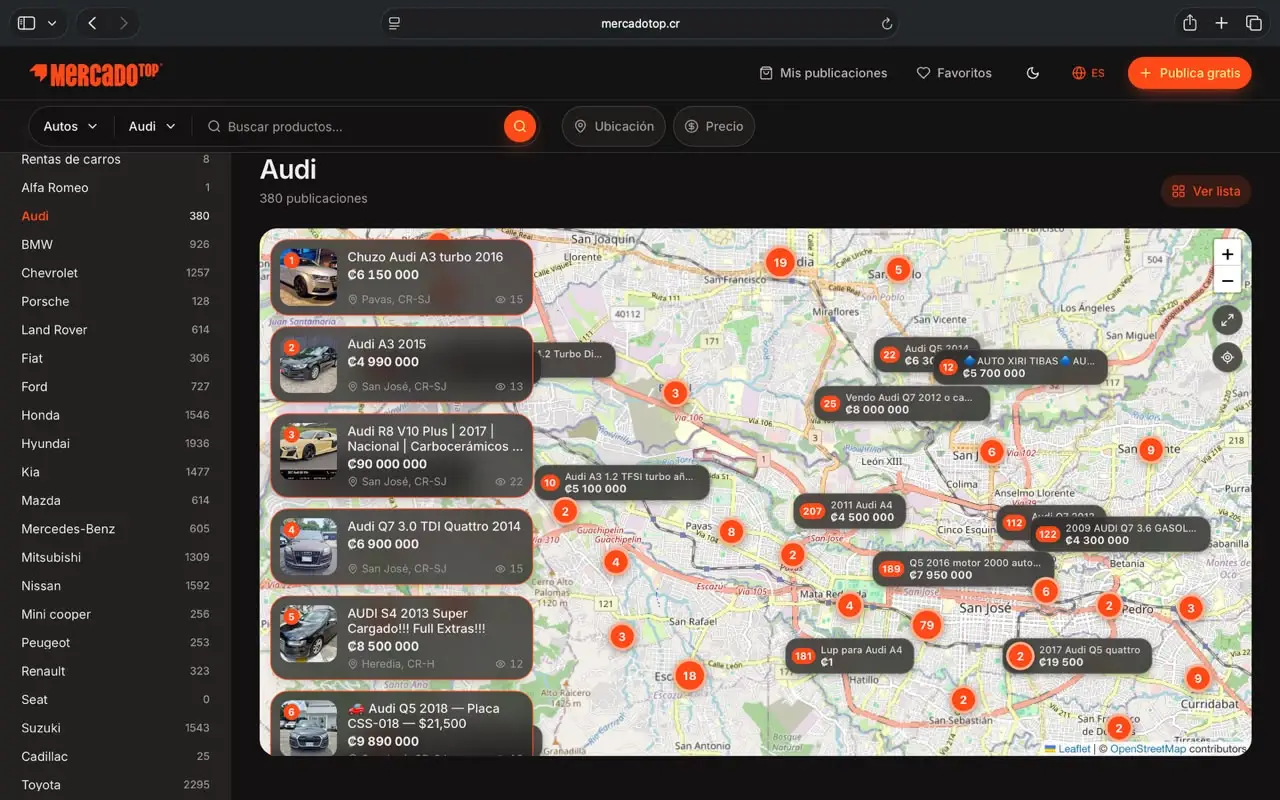 Búsqueda interactiva en el mapa de MercadoTop para localizar anuncios por zona y distancia