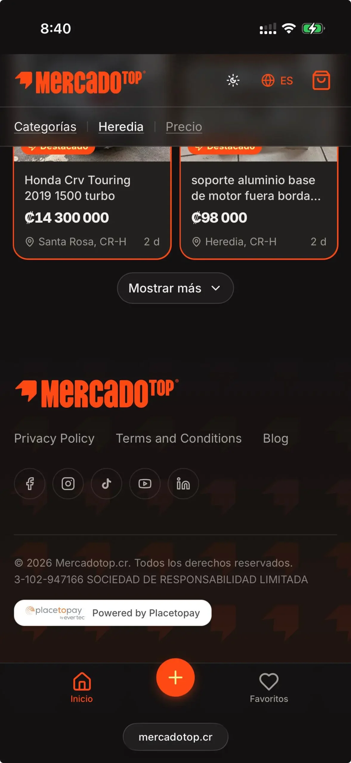 MercadoTop en modo oscuro desde un dispositivo móvil