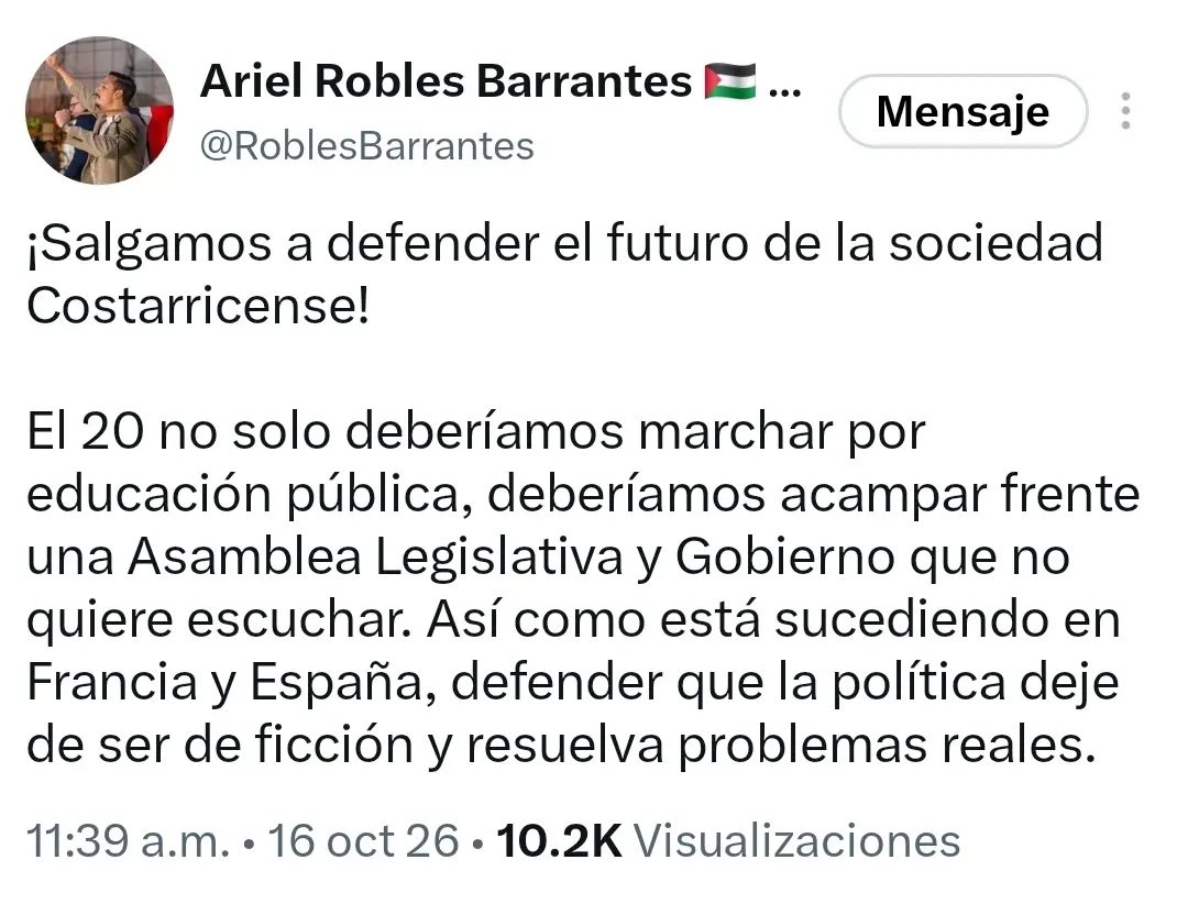 Tuit de Ariel Robles Barrantes convocando a acampar el 20 frente a la Asamblea Legislativa por la educación pública.